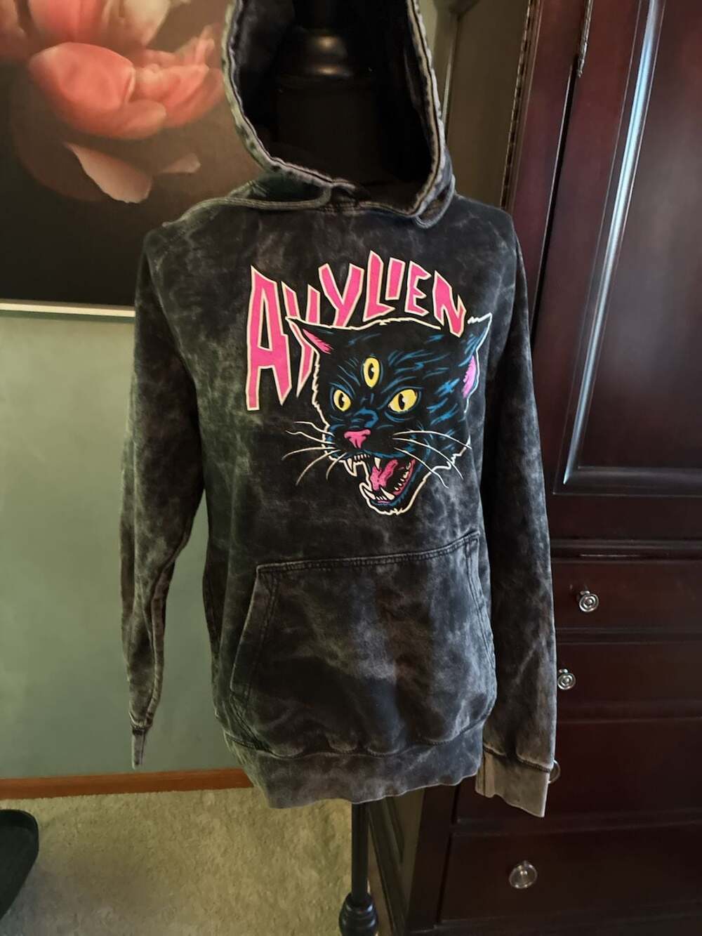 Ayylien Three-Eyed Cat Graphic Mineral Wash Hoodie Sz M A638
